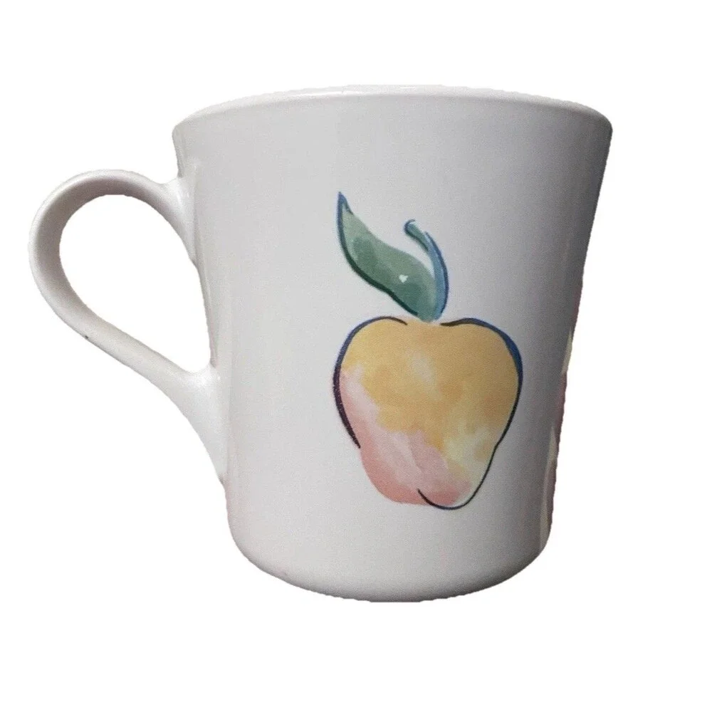 Corelle Fruit Basket Mugs Set 6 Apples Cherries White Coffee Cups Vintage Tea